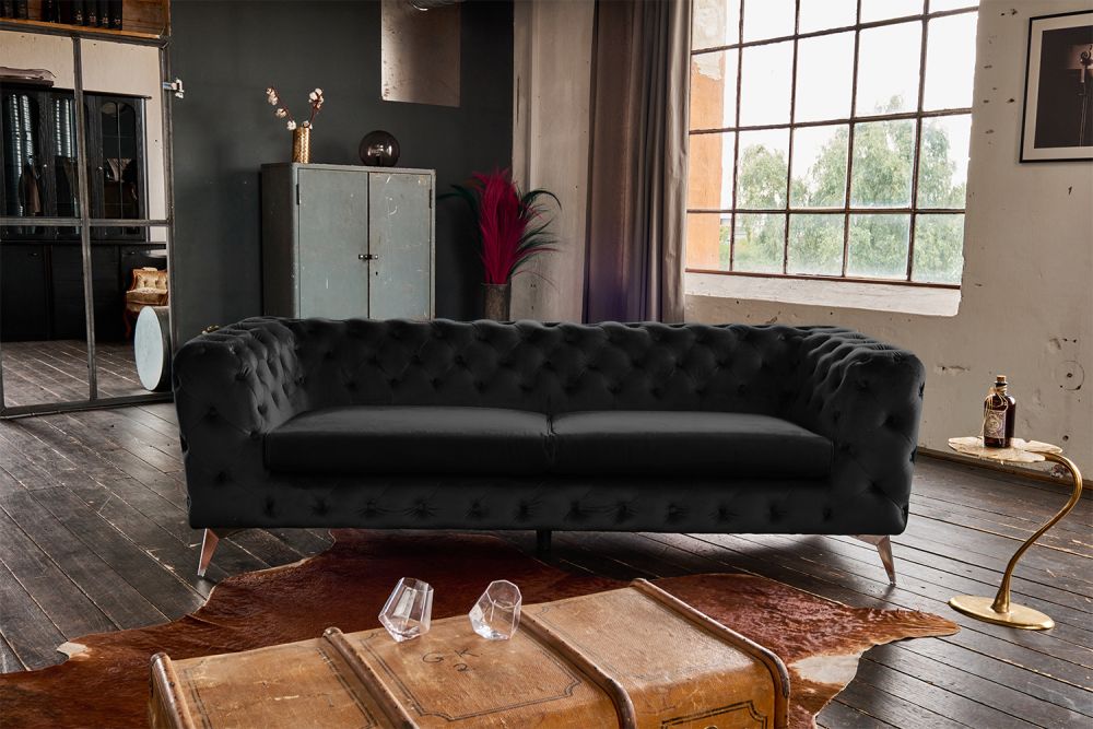 KAWOLA Sofa NARLA Chesterfield 3-Sitzer Velvet schwarz