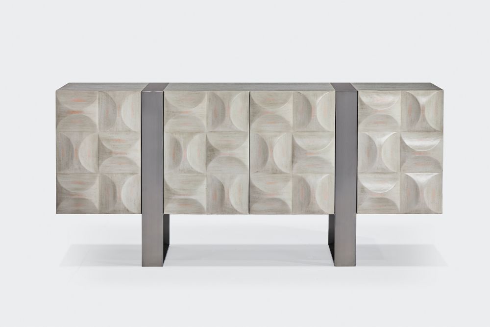 KAWOLA Sideboard MARGO 4 Türen Ulme furniert grau Fuß Edelstahl gebürstet